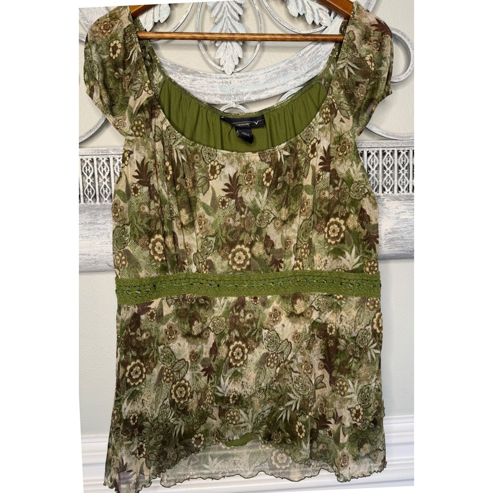 Y2K Venezia Green Floral Mesh Empire Waist Blouse Crochet Trim Plus Size 14/16W